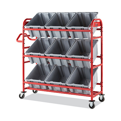 Rubbermaid Commercial Tote Picking Cart, Metal, 3 Shelves, 450 lb Capacity, 57" x 18.5" x 55", Red (RCP2144269)