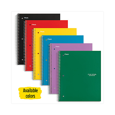 Five Star Wirebound Notebook, 1-Subject, Wide/Legal Rule, Assorted Cover Colors, (100) 10.5 x 8 Sheets, 6/Pack (MEA38042)