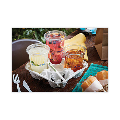 Pactiv Evergreen EarthChoice Carry-Safe Beverage Carrier, Four-Cup Carrier with Food Tray, 8 oz to 32 oz, Natural, 300/Carton (PCTM510032)