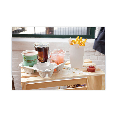 Pactiv Evergreen EarthChoice Carry-Safe Beverage Carrier, Four-Cup Carrier with Food Tray, 8 oz to 32 oz, Natural, 300/Carton (PCTM510032)