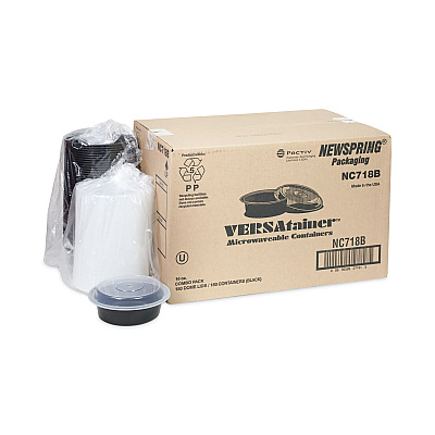 Pactiv Evergreen Newspring VERSAtainer Microwavable Containers, 16 oz, 6" Diameter, Black/Clear, Plastic, 150/Carton (PCTNC718B)