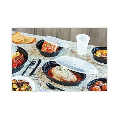 Pactiv Evergreen Newspring VERSAtainer Microwavable Containers, 16 oz, 6" Diameter, Black/Clear, Plastic, 150/Carton (PCTNC718B)