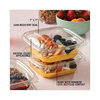 Pactiv Evergreen EarthChoice Recycled PET Container Lid, For 24-32 oz Container Bases, 7.38 x 7.38 x 0.82, Clear, Plastic, 300/Carton (PCTSACLD07)