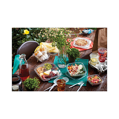 Pactiv Evergreen EarthChoice Recycled PET Container Lid, For 24-32 oz Container Bases, 7.38 x 7.38 x 0.82, Clear, Plastic, 300/Carton (PCTSACLD07)