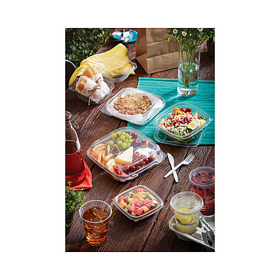 Pactiv Evergreen EarthChoice Recycled PET Container Lid, For 24-32 oz Container Bases, 7.38 x 7.38 x 0.82, Clear, Plastic, 300/Carton (PCTSACLD07)