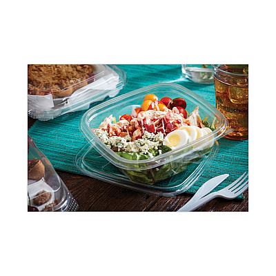Pactiv Evergreen EarthChoice Recycled PET Container Lid, For 24-32 oz Container Bases, 7.38 x 7.38 x 0.82, Clear, Plastic, 300/Carton (PCTSACLD07)