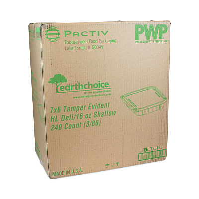 Pactiv Evergreen EarthChoice Tamper Evident Recycled Hinged Lid Deli Container, 16 oz, 7.25 x 6.38 x 1, Clear, Plastic, 240/Carton (PCTTEHL7X616S)