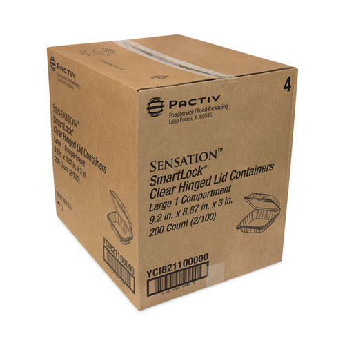 Pactiv Evergreen SENSATION SmartLock Hinged Lid Container, 9.21 x 8.87 x 3.07, Clear, Plastic, 200/Carton (YCI821100000)