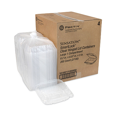 Pactiv Evergreen SENSATION SmartLock Hinged Lid Container, 9.21 x 8.87 x 3.07, Clear, Plastic, 200/Carton (PCTYCI821100000)
