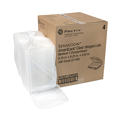 Pactiv Evergreen SENSATION SmartLock Hinged Lid Container, 8.34 x 8.24 x 3.05, Clear, Plastic, 200/Carton (PCTYCI821200000)
