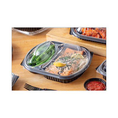 Pactiv Evergreen ClearView MealMaster Lid with Fog Gard Coating, Large 2-Compartment Dome Lid, 9.38 x 8 x 1.25, Clear, Plastic, 252/Carton (PCTYCN8467H00D0)