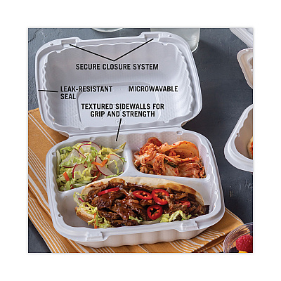 Pactiv Evergreen EarthChoice SmartLock Microwavable MFPP Hinged Lid Container, 3-Compartment, 8.31 x 8.35 x 3.1, White, Plastic, 200/Carton (PCTYCN808030000)