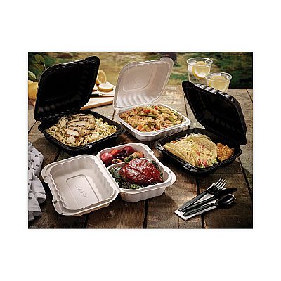 Pactiv Evergreen EarthChoice SmartLock Microwavable MFPP Hinged Lid Container, 3-Compartment, 8.31 x 8.35 x 3.1, White, Plastic, 200/Carton (PCTYCN808030000)