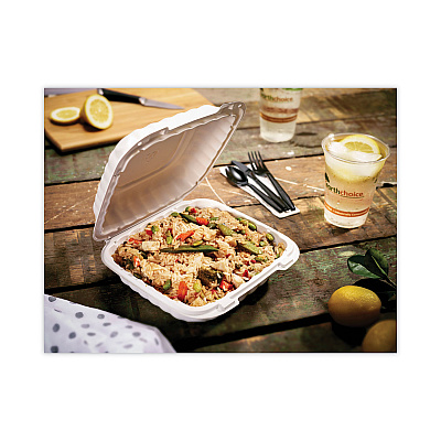 Pactiv Evergreen EarthChoice SmartLock Microwavable MFPP Hinged Lid Container, 3-Compartment, 8.31 x 8.35 x 3.1, White, Plastic, 200/Carton (PCTYCN808030000)