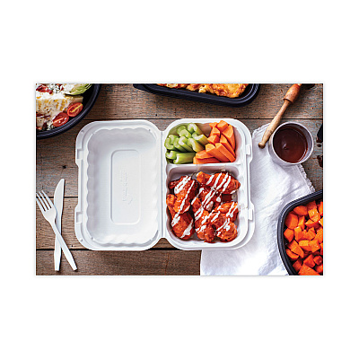 Pactiv Evergreen EarthChoice SmartLock Microwavable MFPP Hinged Lid Container, 2-Compartment, 9 x 6 x 3, White, Plastic, 270/Carton (PCTYCN809620000)
