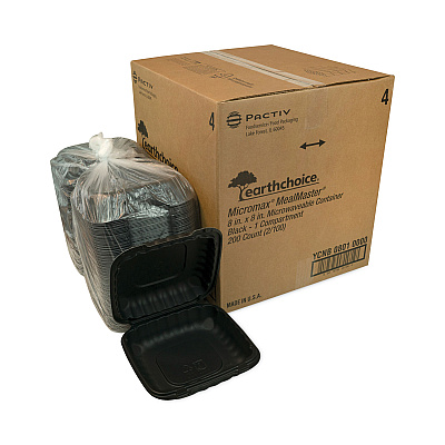 Pactiv Evergreen EarthChoice SmartLock Microwavable MFPP Hinged Lid Container, 8.31 x 8.35 x 3.1, Black, Plastic, 200/Carton (PCTYCNB08010000)