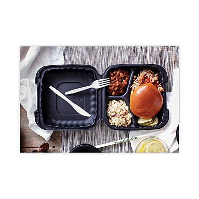 Pactiv Evergreen EarthChoice SmartLock Microwavable MFPP Hinged Lid Container, 3-Compartment, 8.3 x 8.3 x 3.4, Black, Plastic, 200/Carton (PCTYCNB08030000)