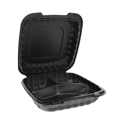 Pactiv Evergreen EarthChoice SmartLock Microwavable MFPP Hinged Lid Container, 3-Compartment, 9.33 x 8.88 x 3.1, Black, Plastic, 120/Carton (PCTYCNB09030000)