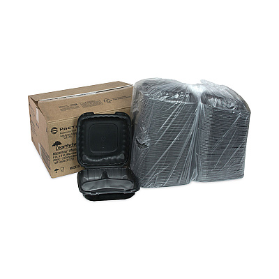 Pactiv Evergreen EarthChoice SmartLock Microwavable MFPP Hinged Lid Container, 3-Compartment, 9.33 x 8.88 x 3.1, Black, Plastic, 120/Carton (PCTYCNB09030000)