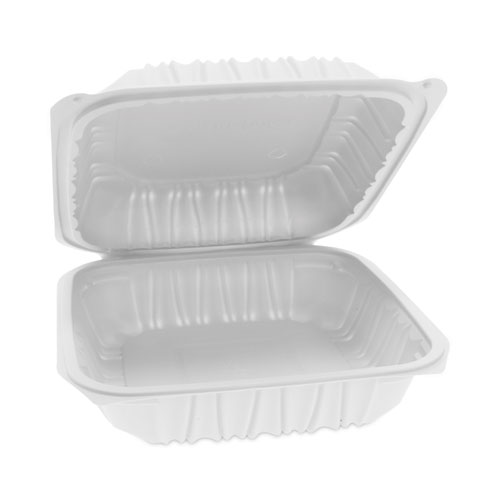 Pactiv Evergreen EarthChoice Vented Microwavable MFPP Hinged Lid Container, 8.5 x 8.5 x 3.1, White, Plastic, 146/Carton (YCNW0851)