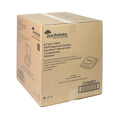 Pactiv Evergreen EarthChoice Vented Microwavable MFPP Hinged Lid Container, 8.5 x 8.5 x 3.1, White, Plastic, 146/Carton (PCTYCNW0851)