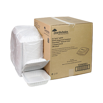Pactiv Evergreen EarthChoice Vented Microwavable MFPP Hinged Lid Container, 8.5 x 8.5 x 3.1, White, Plastic, 146/Carton (PCTYCNW0851)