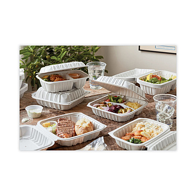 Pactiv Evergreen EarthChoice Vented Microwavable MFPP Hinged Lid Container, 8.5 x 8.5 x 3.1, White, Plastic, 146/Carton (PCTYCNW0851)