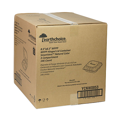 Pactiv Evergreen EarthChoice Vented Microwavable MFPP Hinged Lid Container, 3-Compartment, 8.5 x 8.5 x 3.1, White, Plastic, 146/Carton (PCTYCNW0853)