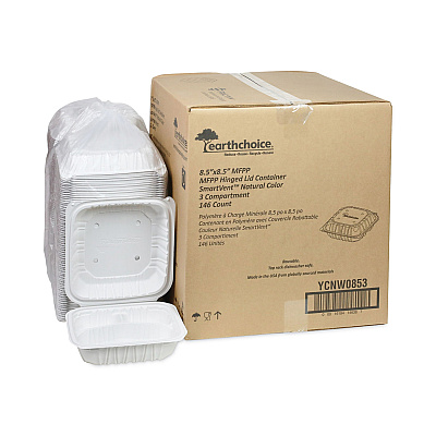 Pactiv Evergreen EarthChoice Vented Microwavable MFPP Hinged Lid Container, 3-Compartment, 8.5 x 8.5 x 3.1, White, Plastic, 146/Carton (PCTYCNW0853)
