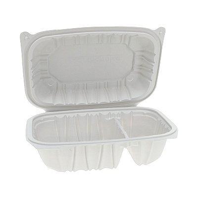 Pactiv Evergreen EarthChoice Vented Microwavable MFPP Hinged Lid Container, 2-Compartment, 9 x 6 x 3.1, White, Plastic, 170/Carton (PCTYCNW02052)