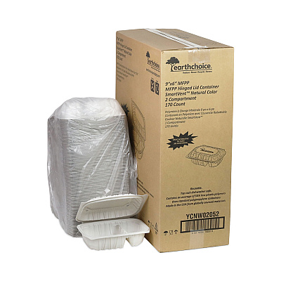 Pactiv Evergreen EarthChoice Vented Microwavable MFPP Hinged Lid Container, 2-Compartment, 9 x 6 x 3.1, White, Plastic, 170/Carton (PCTYCNW02052)