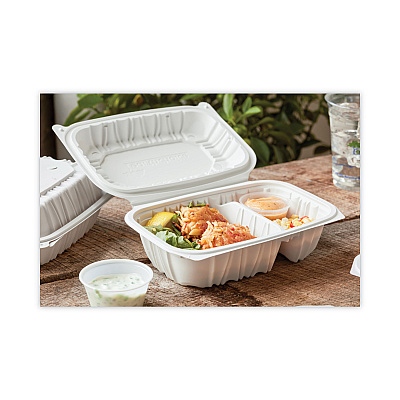 Pactiv Evergreen EarthChoice Vented Microwavable MFPP Hinged Lid Container, 2-Compartment, 9 x 6 x 3.1, White, Plastic, 170/Carton (PCTYCNW02052)