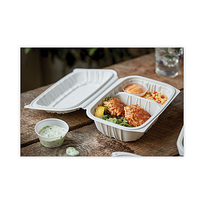Pactiv Evergreen EarthChoice Vented Microwavable MFPP Hinged Lid Container, 2-Compartment, 9 x 6 x 3.1, White, Plastic, 170/Carton (PCTYCNW02052)