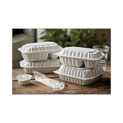 Pactiv Evergreen EarthChoice Vented Microwavable MFPP Hinged Lid Container, 2-Compartment, 9 x 6 x 3.1, White, Plastic, 170/Carton (PCTYCNW02052)