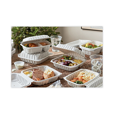 Pactiv Evergreen EarthChoice Vented Microwavable MFPP Hinged Lid Container, 2-Compartment, 9 x 6 x 3.1, White, Plastic, 170/Carton (PCTYCNW02052)