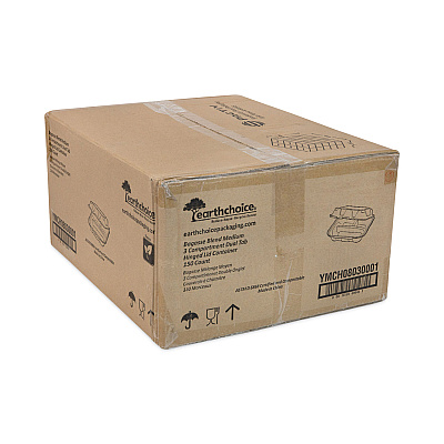 Pactiv Evergreen EarthChoice Bagasse Hinged Lid Container, 3-Compartment, Dual Tab Lock, 7.8 x 7.8 x 2.8, Natural, Sugarcane, 150/Carton (PCTYMCH08030001)