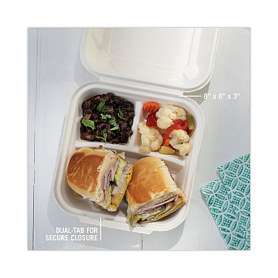 Pactiv Evergreen EarthChoice Bagasse Hinged Lid Container, 3-Compartment, Dual Tab Lock, 7.8 x 7.8 x 2.8, Natural, Sugarcane, 150/Carton (PCTYMCH08030001)
