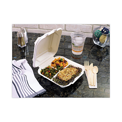 Pactiv Evergreen EarthChoice Bagasse Hinged Lid Container, 3-Compartment, Dual Tab Lock, 7.8 x 7.8 x 2.8, Natural, Sugarcane, 150/Carton (PCTYMCH08030001)