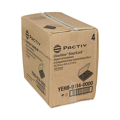 Pactiv Evergreen Dual Color SmartLock Hinged Lid Container, 4-Compartment, 10.75 x 8 x 3.25, Black Base/Clear Top, Plastic, 125/Carton (PCTYEH891140000)