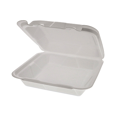 Pactiv Evergreen Foam Hinged Lid Container, Dual Tab Lock Happy Face, 8 x 7.75 x 2.25, White, 200/Carton (PCTYHD18SS00200)