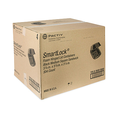 Pactiv Evergreen SmartLock Foam Hinged Lid Container, Sandwich, 5.75 x 5.75 x 3.25, Black, 504/Carton (PCTYHLB06000000)