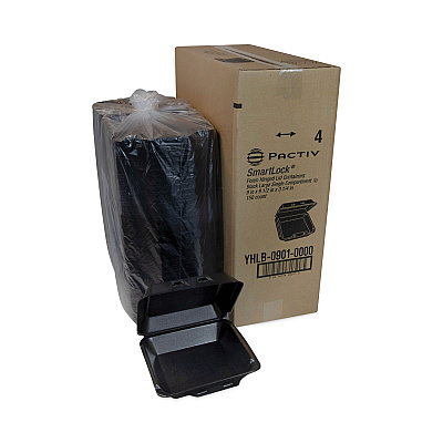 Pactiv Evergreen SmartLock Foam Hinged Lid Container, Large, 9 x 9.13 x 3.25, Black, 150/Carton (PCTYHLB09010000)