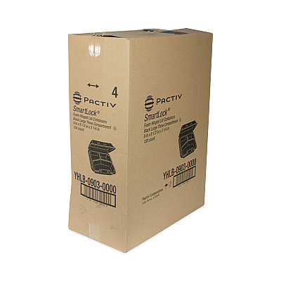 Pactiv Evergreen SmartLock Foam Hinged Lid Container, Large, 3-Compartment, 9 x 9.5 x 3.25, Black, 150/Carton (PCTYHLB09030000)