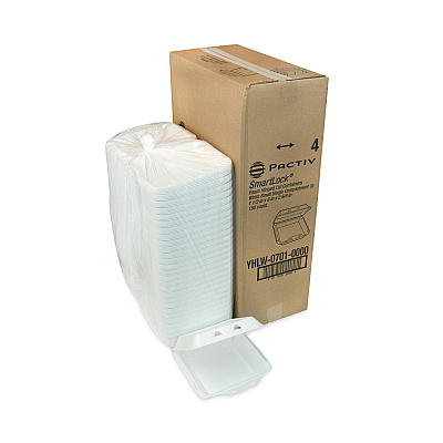 Pactiv Evergreen SmartLock Foam Hinged Lid Container, Small, 7.5 x 8 x 2.63, White, 150/Carton (PCTYHLW07010000)
