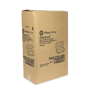 Pactiv Evergreen SmartLock Foam Hinged Lid Container, Small, 3-Compartment, 7.5 x 8 x 2.63, White, 150/Carton (PCTYHLW07030000)