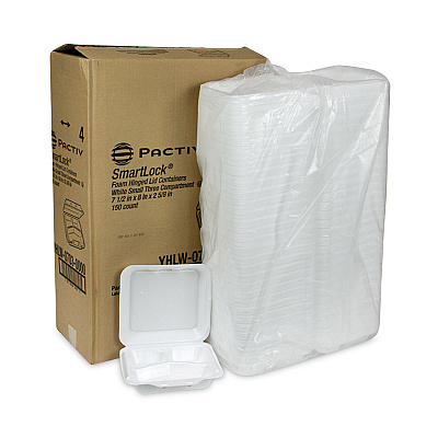 Pactiv Evergreen SmartLock Foam Hinged Lid Container, Small, 3-Compartment, 7.5 x 8 x 2.63, White, 150/Carton (PCTYHLW07030000)