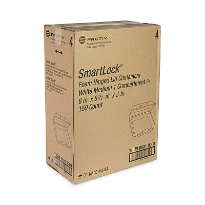 Pactiv Evergreen SmartLock Foam Hinged Lid Container, Medium, 8 x 8 x 3, White, 150/Carton (PCTYHLW08010000)