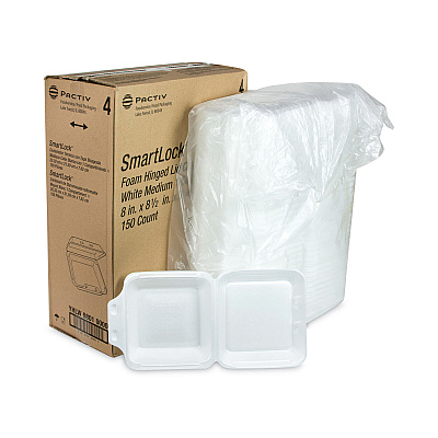 Pactiv Evergreen SmartLock Foam Hinged Lid Container, Medium, 8 x 8 x 3, White, 150/Carton (PCTYHLW08010000)