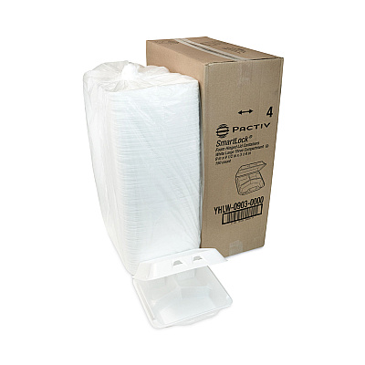 Pactiv Evergreen SmartLock Foam Hinged Lid Container, Large, 3-Compartment, 9 x 9.25 x 3.25, White, 150/Carton (PCTYHLW09030000)