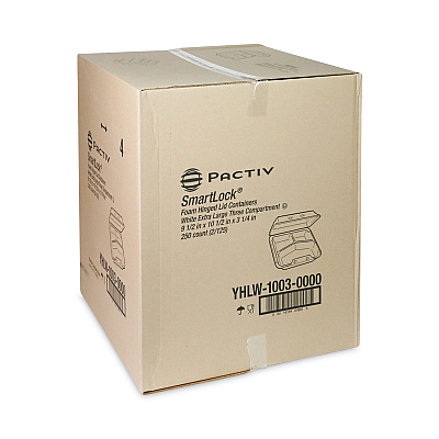 Pactiv Evergreen SmartLock Foam Hinged Lid Container, X-Large, 3-Compartment, 9.5 x 10.5 x 3.25, White, 250/Carton (PCTYHLW10030000)